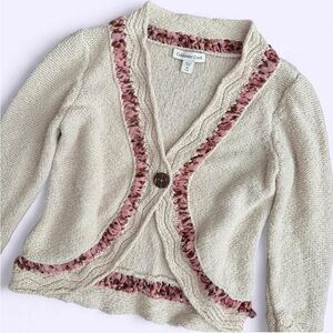Coldwater Creek Pink Chiffon Trim Cotton Knit Cardigan 3/4 Sleeve Cream Ivory